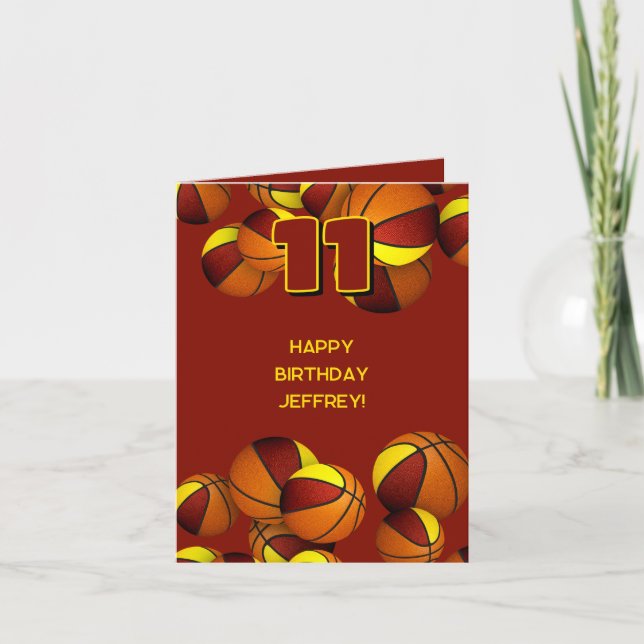 maroon gold team colours basketballs kids birthday card (Front)