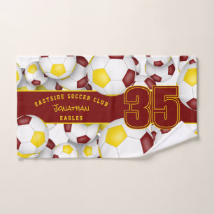 Maroon gold team colours Lots of soccer balls Hand Towel