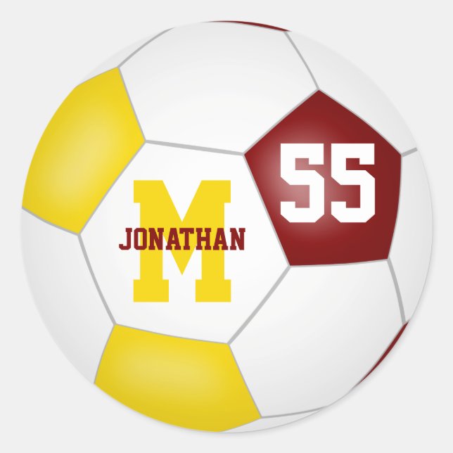 maroon gold team colours soccer ball personalised classic round sticker (Front)