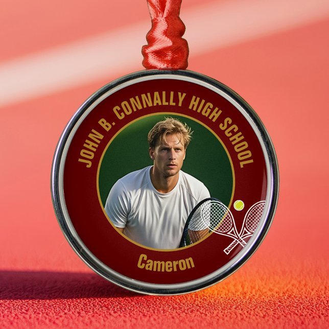 Maroon Gold Tennis Player Photo Christmas Gift Metal Ornament (Creator Uploaded)