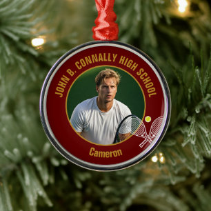 Maroon Gold Tennis Player Photo Christmas Gift Metal Ornament