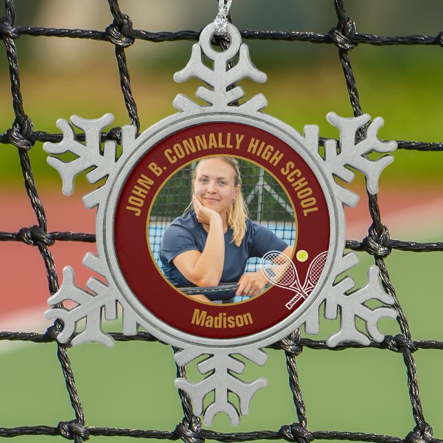 Maroon Gold Tennis Player Photo High School Snowflake Pewter Christmas Ornament (Creator Uploaded)