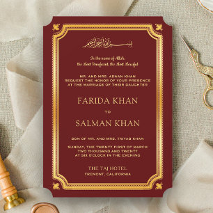 Maroon Gold Traditional Islamic Muslim Wedding Invitation