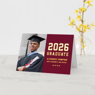 Maroon Gold Varsity Grad Photo Thank You Foil Greeting Card