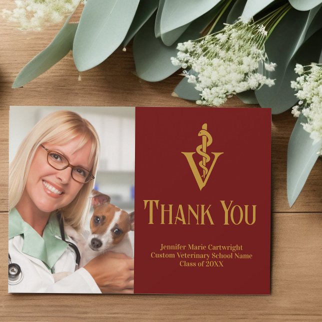 Maroon Gold Veterinarian Office Photo Customisable Thank You Card (Creator Uploaded)