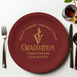 Maroon Gold Veterinary School Graduation Party Paper Plate<br><div class="desc">This modern custom maroon veterinary medicine school graduation party paper plate features the college graduate name in elegant gold script for the class of 2024. Customise with your university under the veterinarian medical caduceus for great commemorative graduation decor for a DVM.</div>