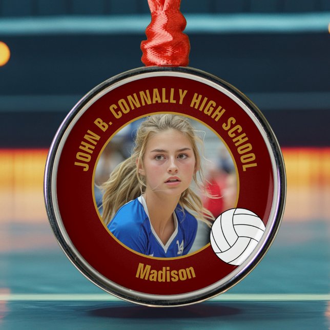 Maroon Gold Volleyball Player Photo Christmas Metal Ornament (Creator Uploaded)