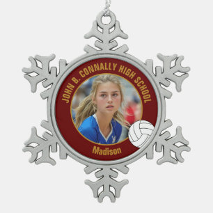 Maroon Gold Volleyball Player Photo High School Snowflake Pewter Christmas Ornament