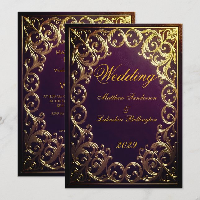  Maroon Gold Wedding Classic Marriage  Invitation (Front/Back)