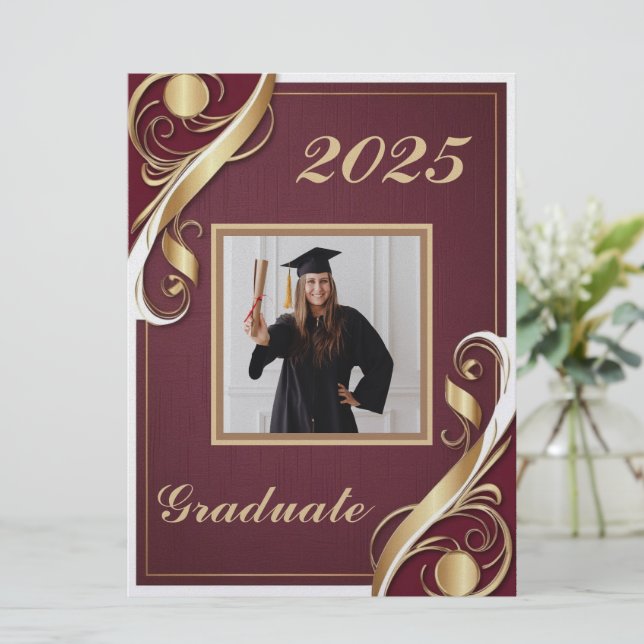 Maroon Gold White Graduation 2025 Invitation (Standing Front)