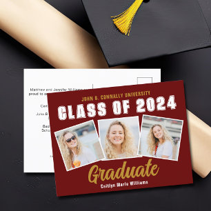 Maroon Gold White Photo Collage 2025 Graduation Announcement Postcard