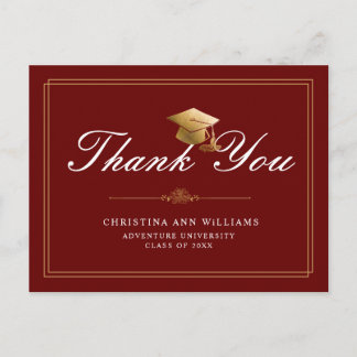 Maroon Gold White Script Graduation Thank You Postcard