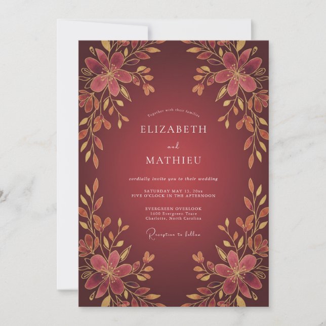 Maroon Golden Floral Wedding Invitation (Front)