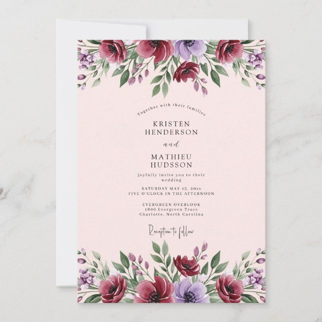 Maroon Graceful Botanical Wedding Invitation (Front)