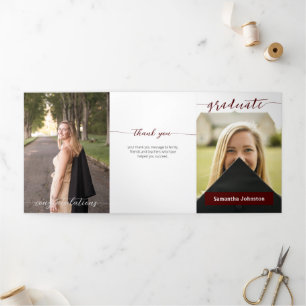 Maroon Graduate Script Modern Three Photo Tri-Fold Invitation