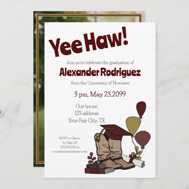 Maroon Graduation Cap Cowboy Boot Arrangement Invitation (Front/Back)