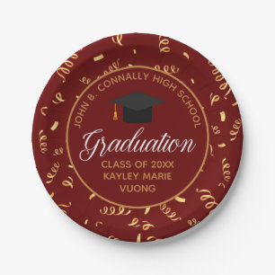 Maroon Graduation Gold Streamers Custom 2025 Party Paper Plate