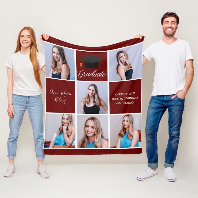 Maroon Graduation Senior Portrait Photo Collage Fleece Blanket (In Situ)