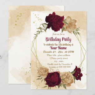 Maroon green beige gold botanical birthday  invitation