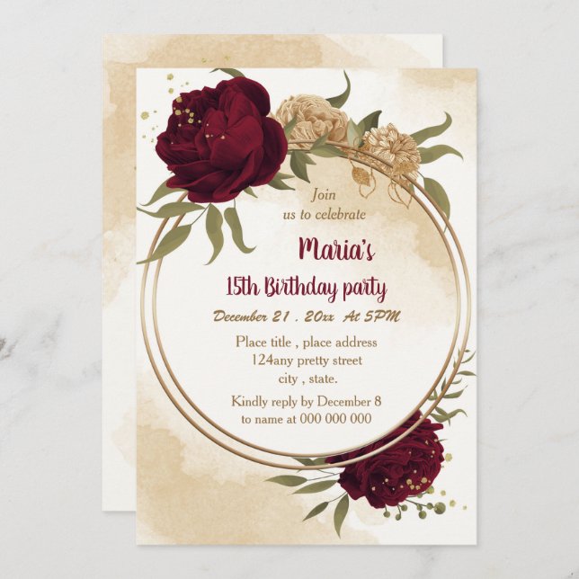 Maroon green beige gold botanical birthday  invitation (Front/Back)