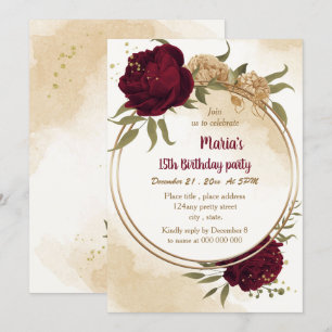Maroon green beige gold botanical birthday  invitation