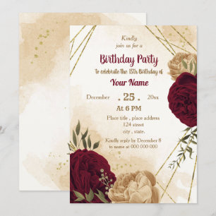 Maroon green beige gold botanical birthday  invitation
