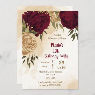 Maroon green beige gold botanical birthday  invitation