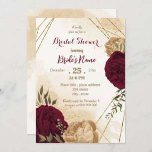 Maroon green beige gold botanical bridal shower invitation