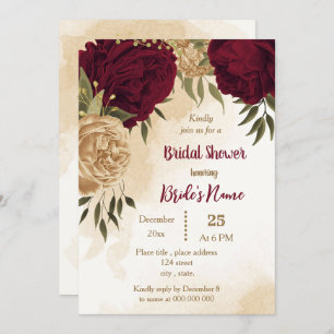 Maroon green beige gold botanical bridal shower invitation