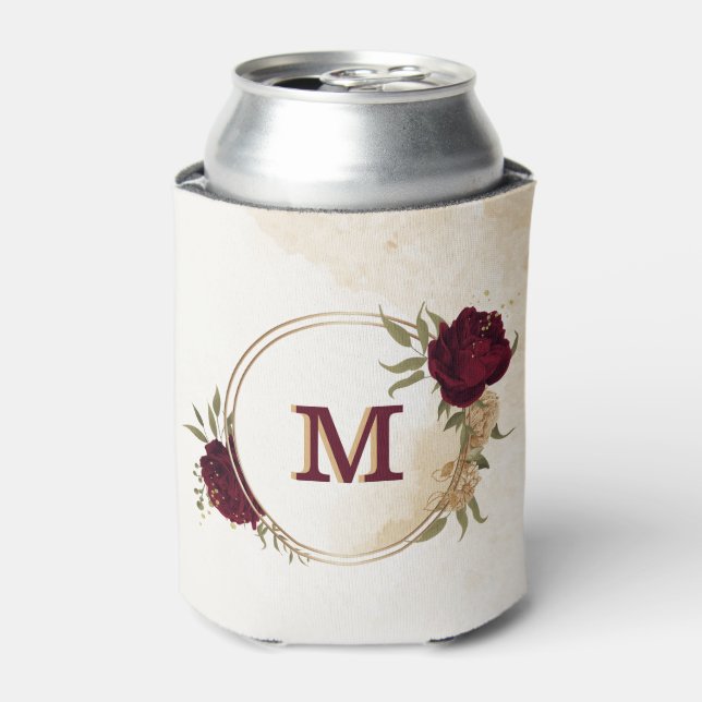 Maroon green beige gold botanical can cooler (Can Front)