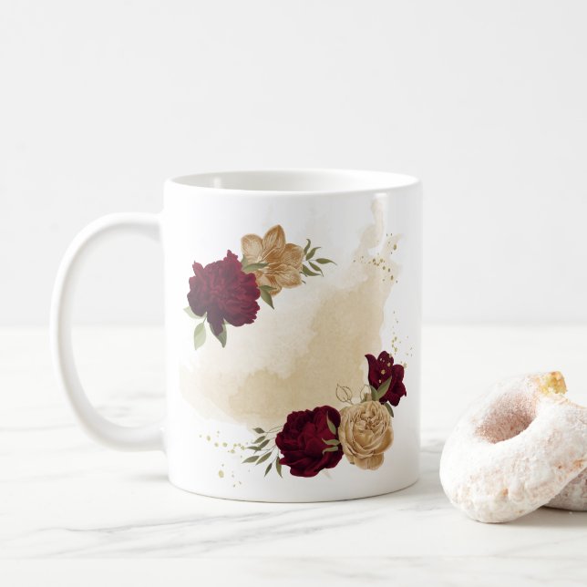 Maroon green beige gold botanical coffee mug (With Donut)