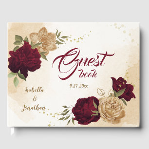 Maroon green beige gold botanical guest book