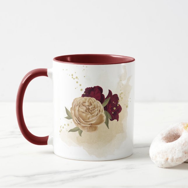 Maroon green beige gold botanical mug (With Donut)