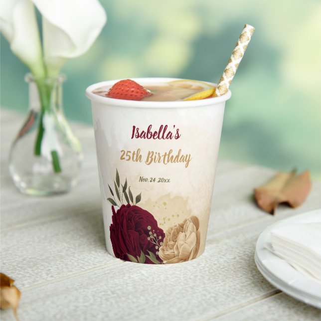 Maroon green beige gold botanical  paper cups (Insitu)