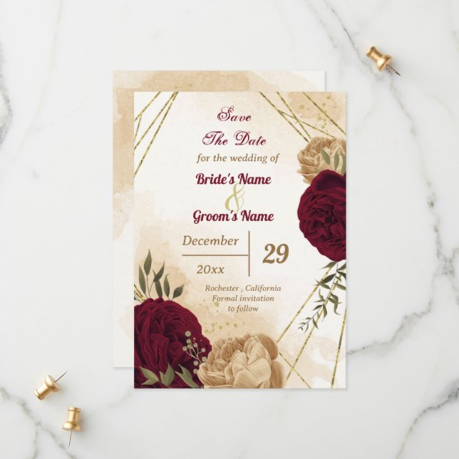 Maroon green beige gold botanical save the date (Front/Back In Situ)