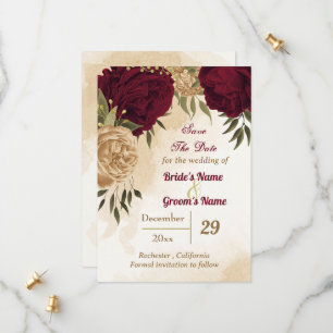 Maroon green beige gold botanical save the date