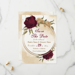 Maroon green beige gold botanical save the date