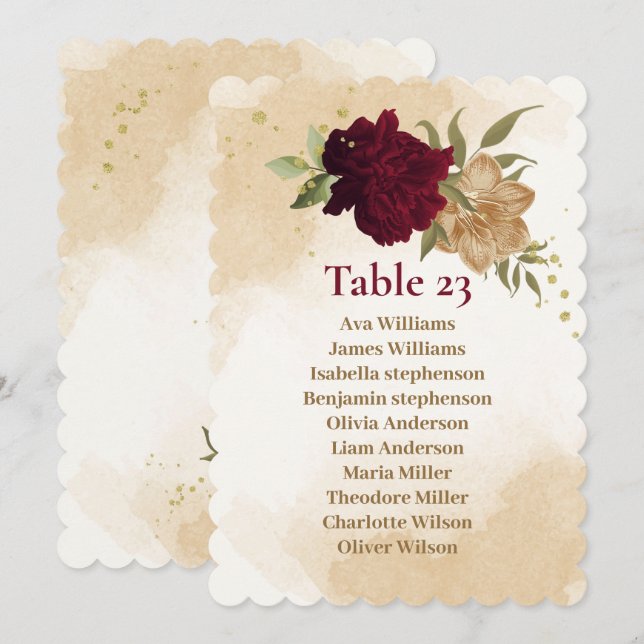 Maroon green beige gold botanical seating chart  invitation (Front/Back)