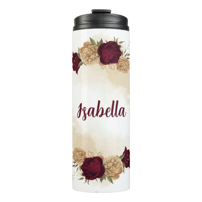 Maroon green beige gold botanical thermal tumbler (Front)