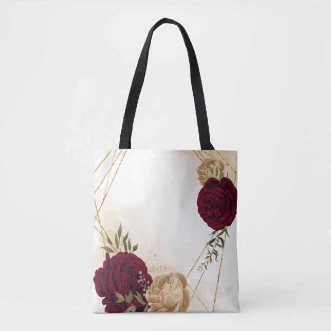 Maroon green beige gold botanical tote bag (Front)