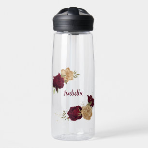 Maroon green beige gold botanical water bottle