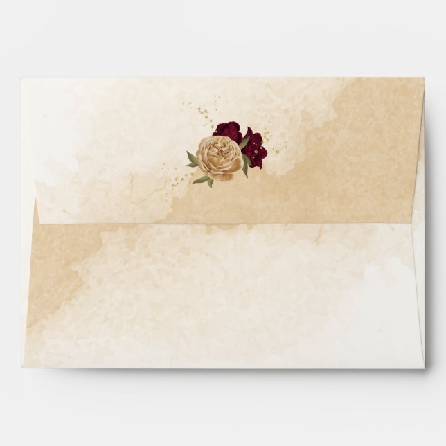 Maroon green beige gold botanical wedding envelope (Back (Top Flap))