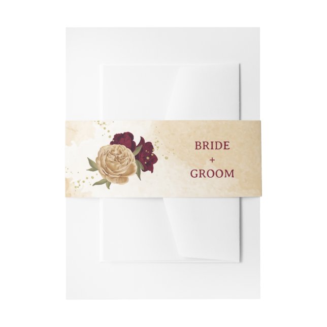 Maroon green beige gold botanical wedding invitation belly band (Front Example)