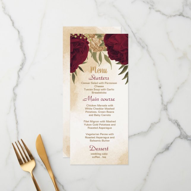 Maroon green beige gold botanical wedding menu (Front/Back In Situ)