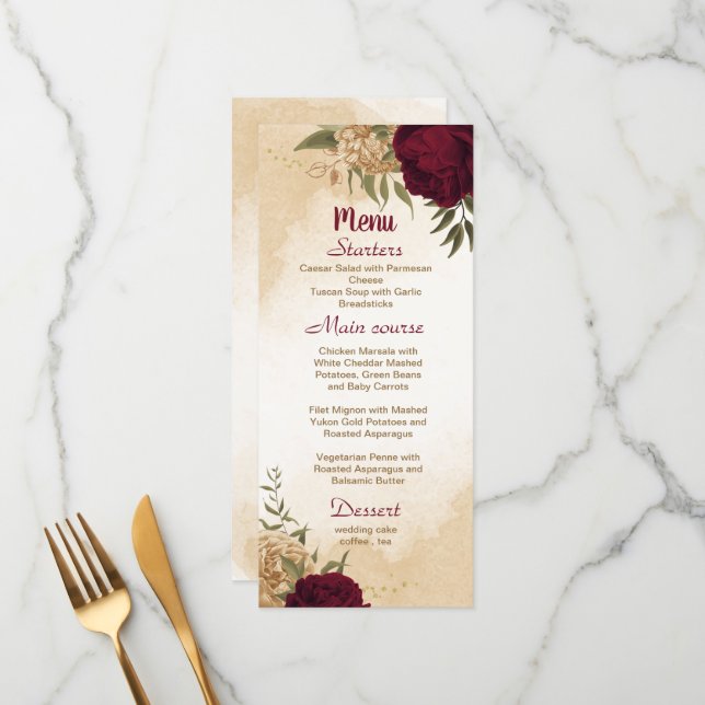 Maroon green beige gold botanical wedding menu (Front/Back In Situ)