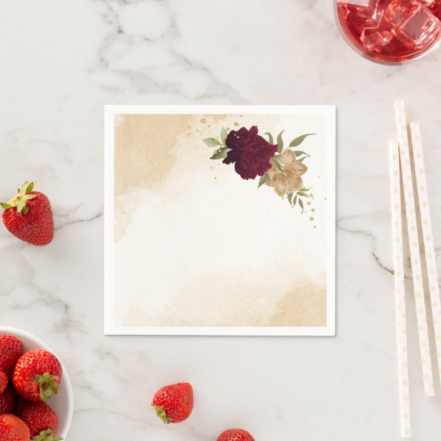 Maroon green beige gold botanical wedding napkin (Insitu)