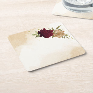 Maroon green beige gold botanical wedding square paper coaster