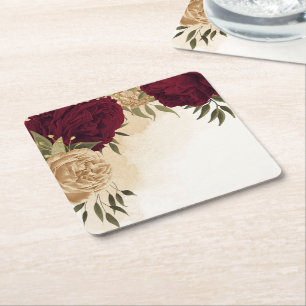 Maroon green beige gold botanical wedding square paper coaster