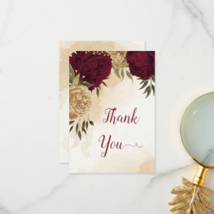 Maroon green beige gold botanical wedding thank you card