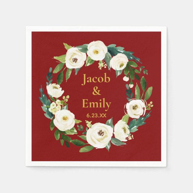 Maroon Greenery Personalised Names Date Wedding Napkin (Front)